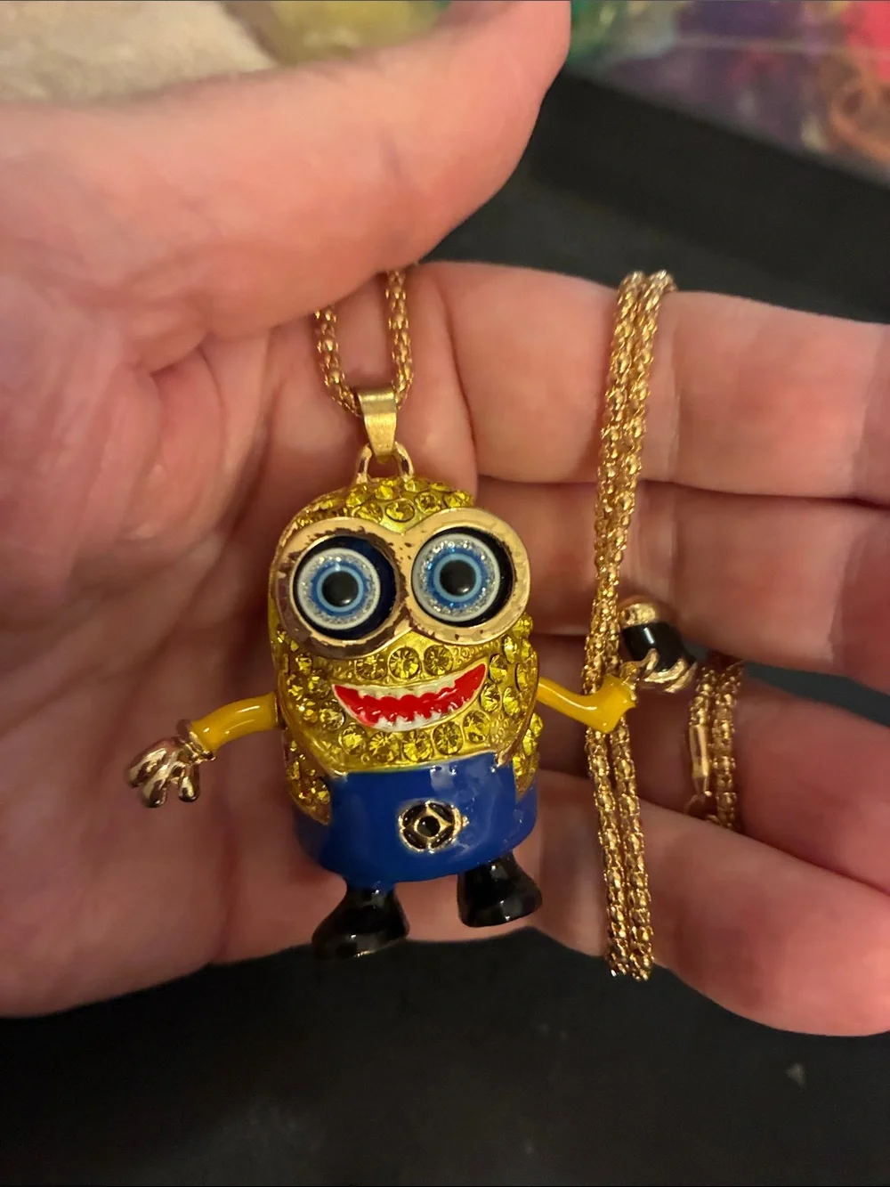 Minion Pendant Necklace with Blue Enamel.Holding a Root Beer. NWOT